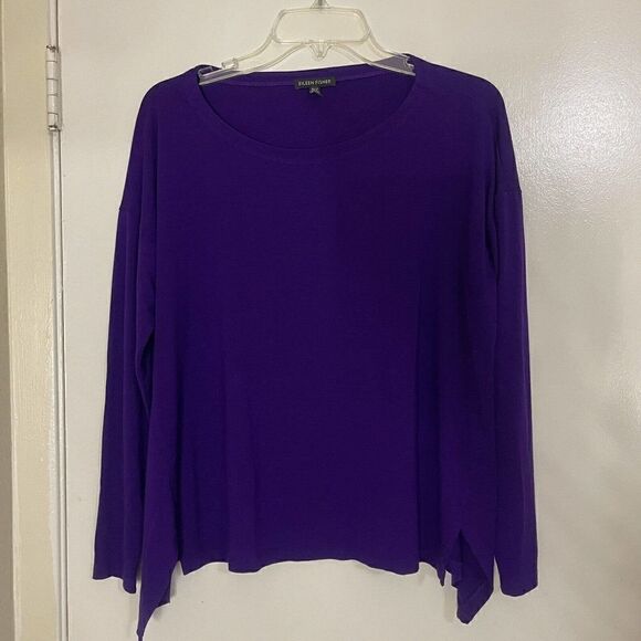 EILEEN FISHER purple pullover split hem knit long sleeve top size Small - Picture 1 of 5